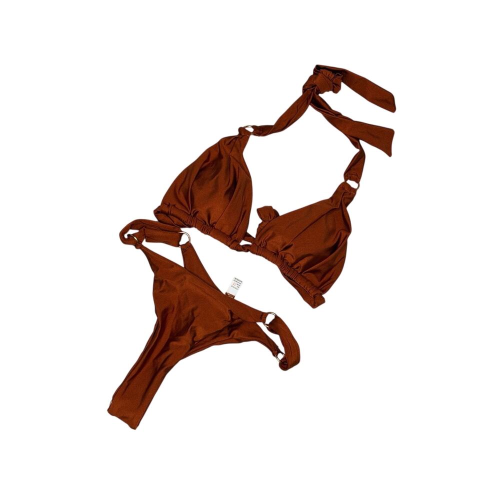 Metallic Bronze O-Ring Triangle Bikini Thong Set M 8 10 NWOT